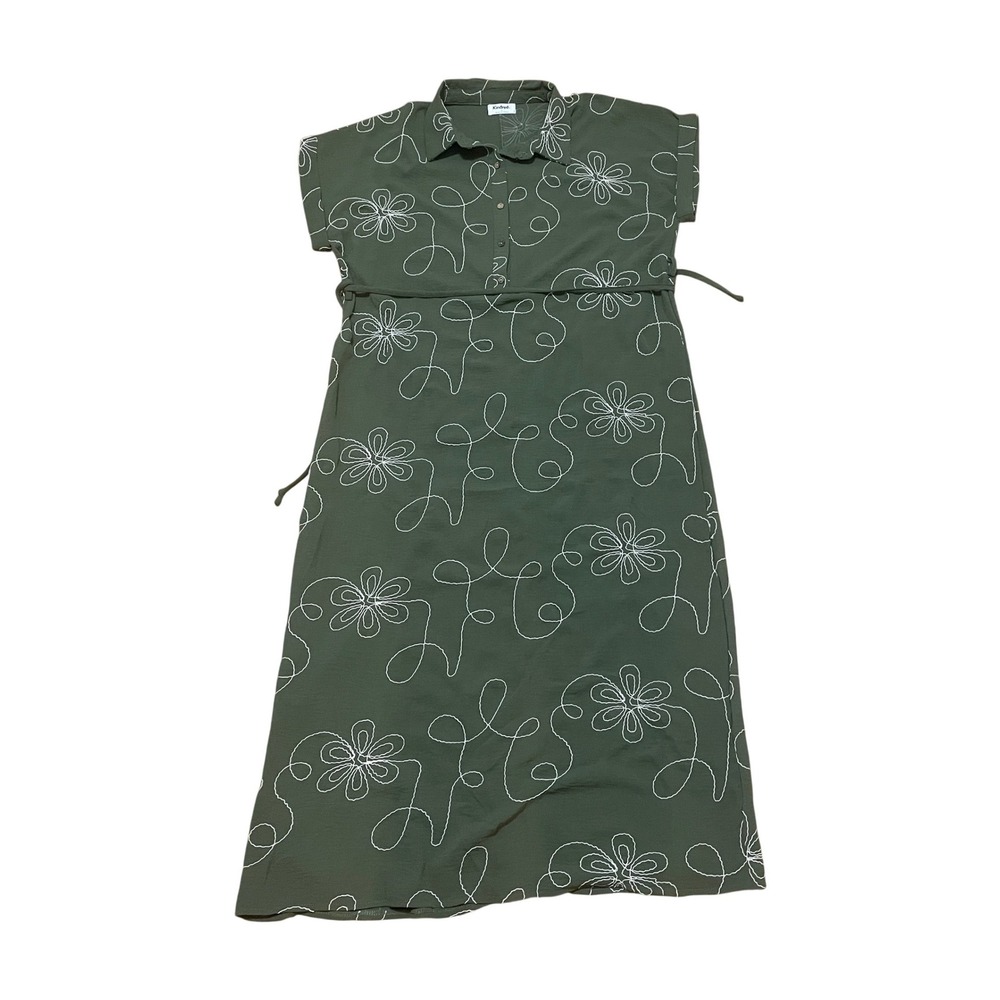 Kindred Women's Lg Cottage Green Floral Embroidered Midi Shirt Dress Tie Waist